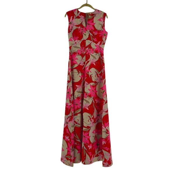 Vintage 1960s Red Floral Maxi Dress with Pink & Beige Accents | Metal Back Zippe - Picture 1 of 3